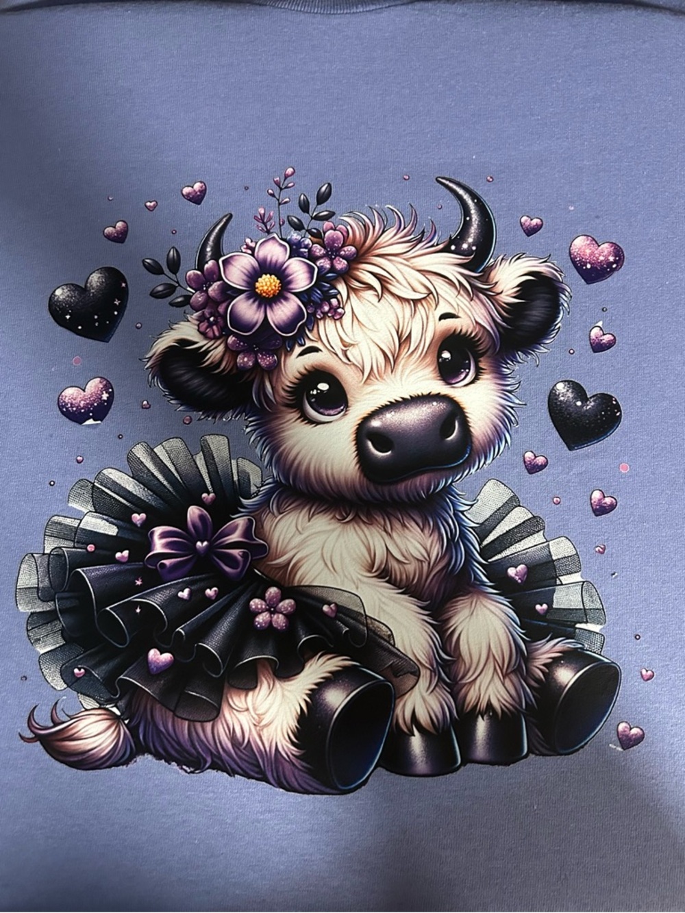 Gildan Short Sleeve Tee with Floral Highland Cow Print - Purple, Black, White